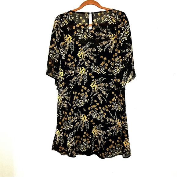 Charming Charlie Ditsy Dark Floral Flutter Sleeve Dress Black Tan Women Large - Picture 2 of 8